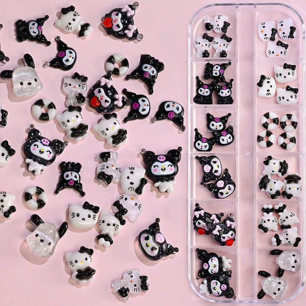 Hello Kitty Nail Charms – 12 Grids Hawaii Black Skin Summer Vibe - Image 55
