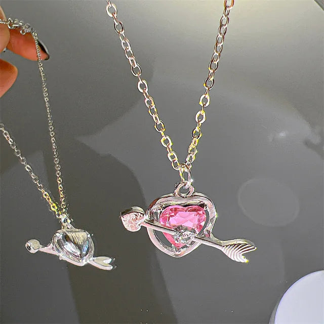 Y2K Pink Planet Heart Zircon Pendant Necklace - Image 12