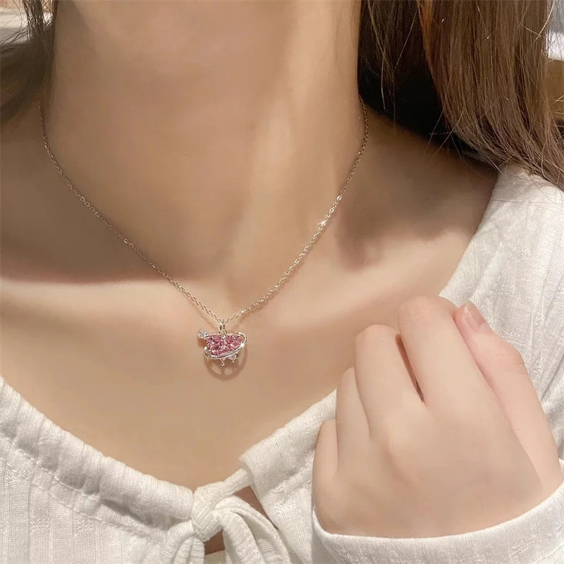Y2K Pink Planet Heart Zircon Pendant Necklace - Image 5