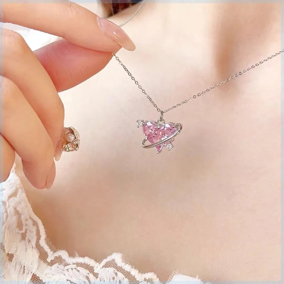 Y2K Pink Planet Heart Zircon Pendant Necklace - Image 3