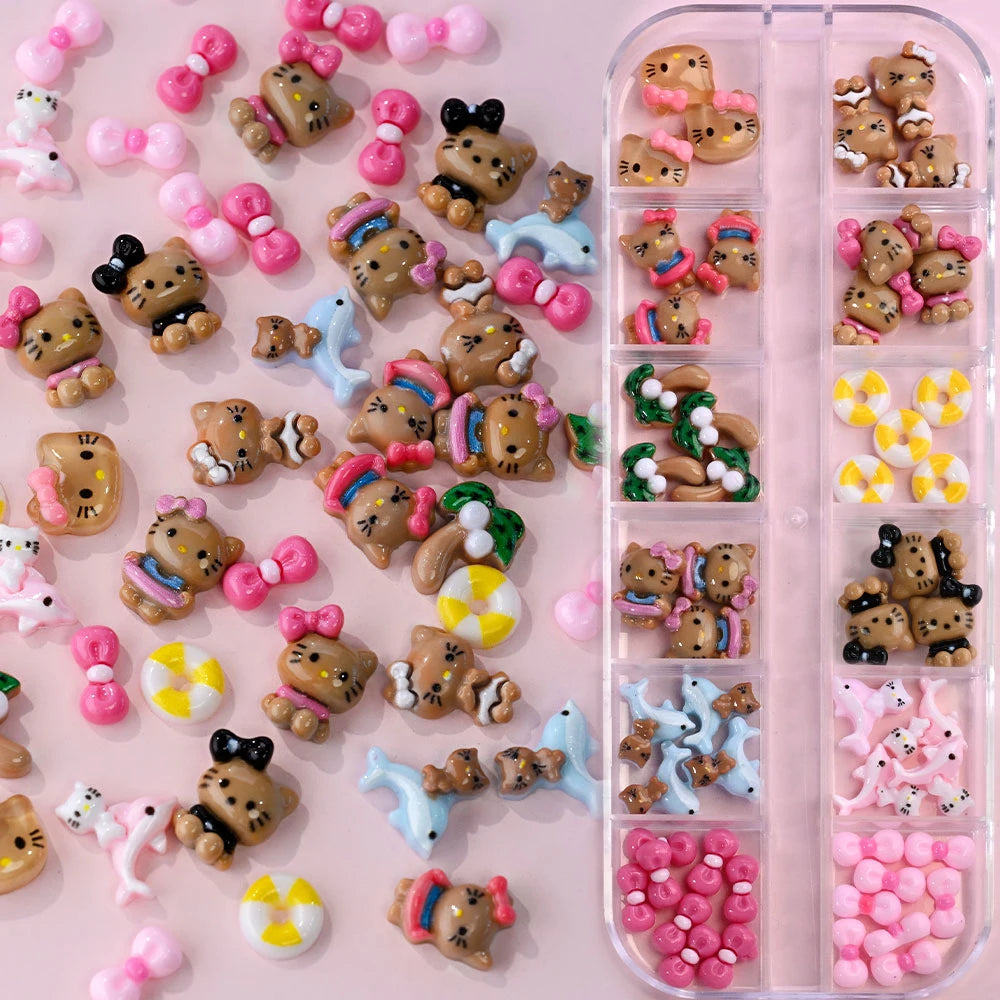 Hello Kitty Nail Charms – 12 Grids Hawaii Black Skin Summer Vibe - Image 27