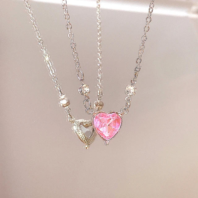 Y2K Pink Planet Heart Zircon Pendant Necklace - Image 8